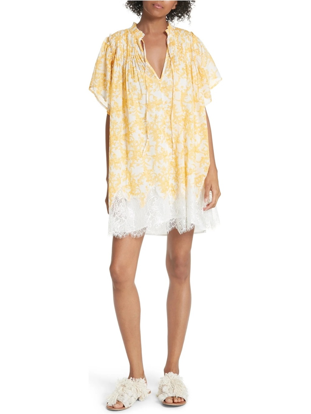 Free People Marigold Mini Yellow Floral Lace-Trim Sleep Dress